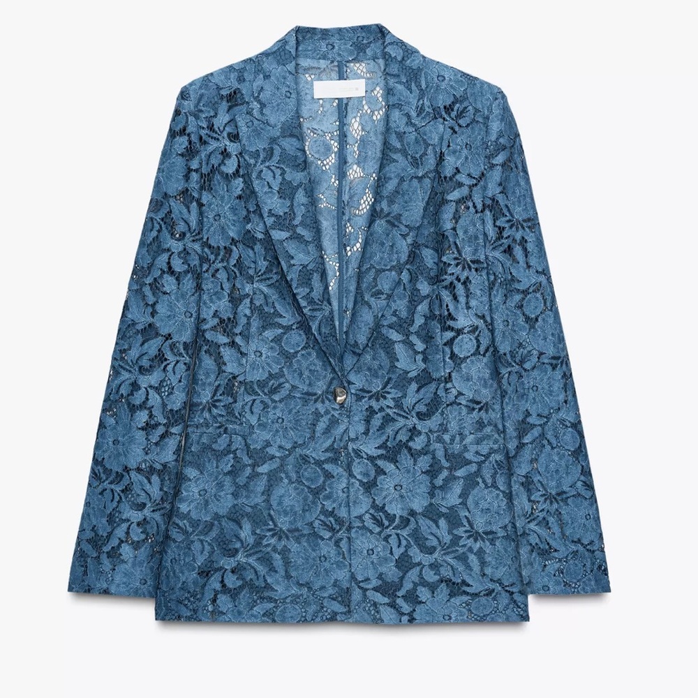 NWT Zara Lace Blazer in Teal Blue Size S - Picture 5 of 17